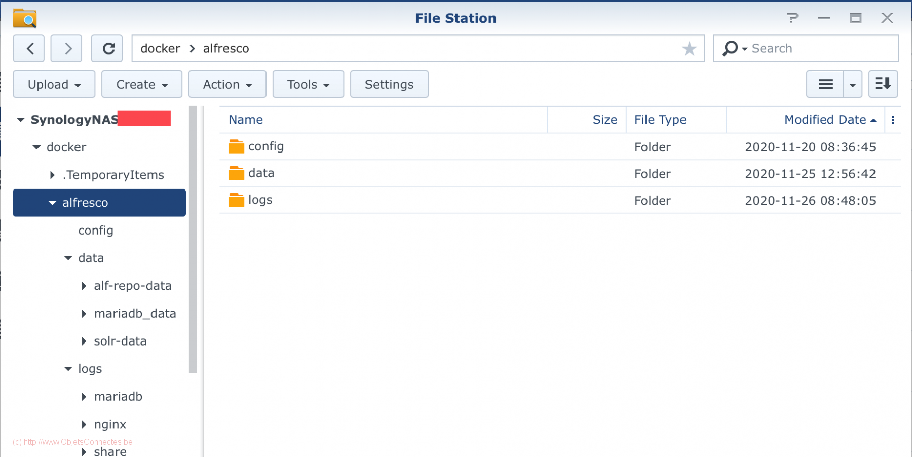 NAS Synolgoy folder structure Alfresco Docker