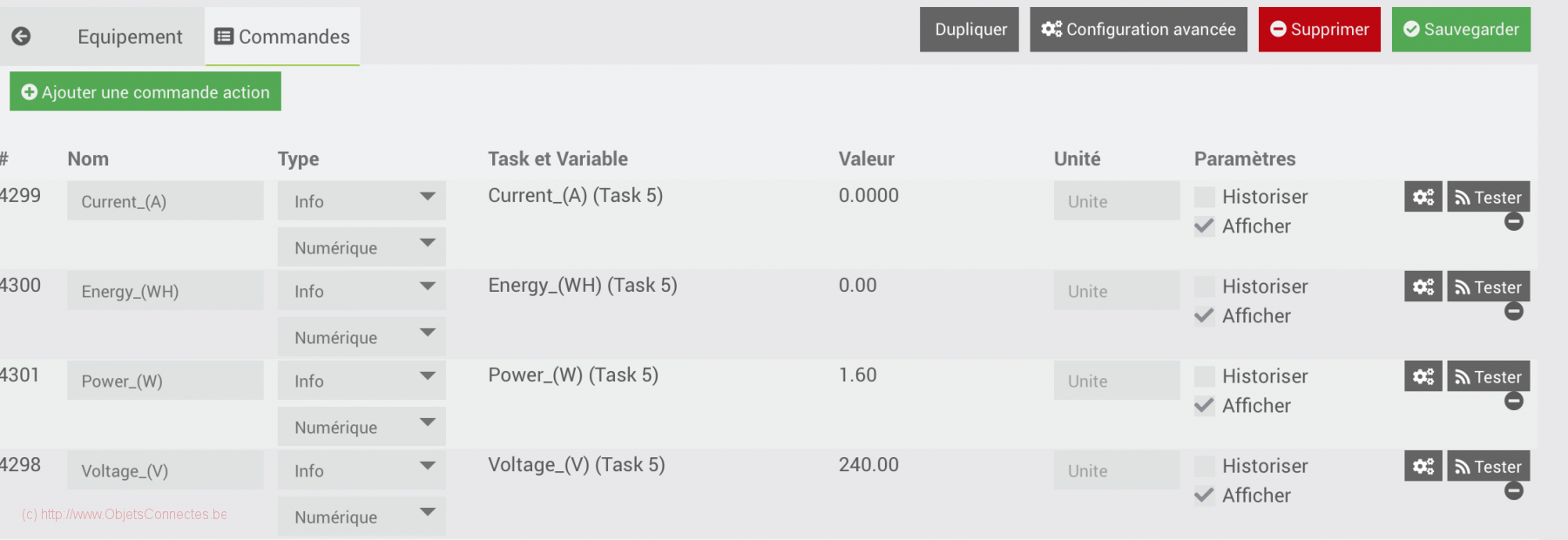 ESPEasy - PZEM004T - Configuration - Jeedom - Commandes