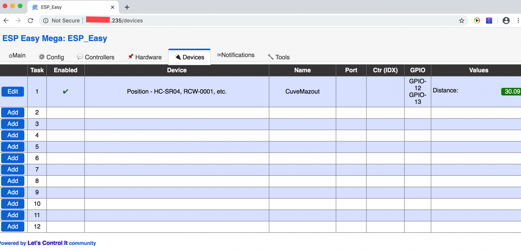 EspEasy Config 102 HC-SR04 Mesures