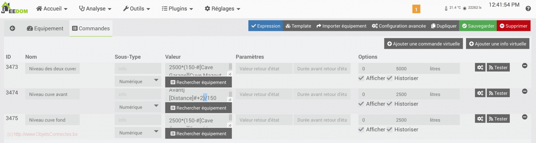 Jeedom Virtuel pour les niveaux de cuves